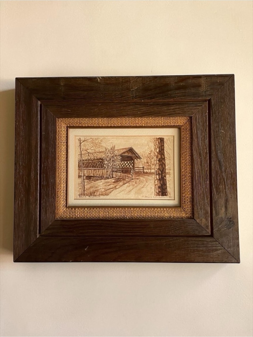 Vintage J. Price Wiesman Stone Mountain Covered Bridge Framed Art 1980